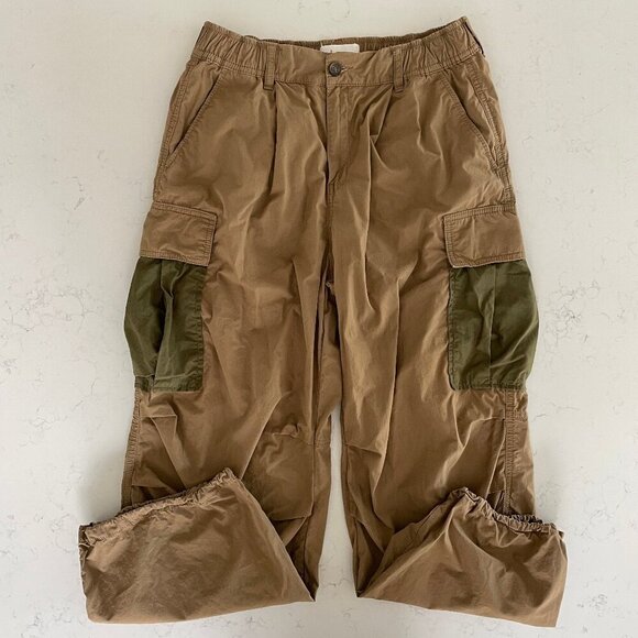 by Anthropologie Casual Hi Rise Barrel Style Cotton Cargo Pants Tan Green Sz 29 - Picture 1 of 14